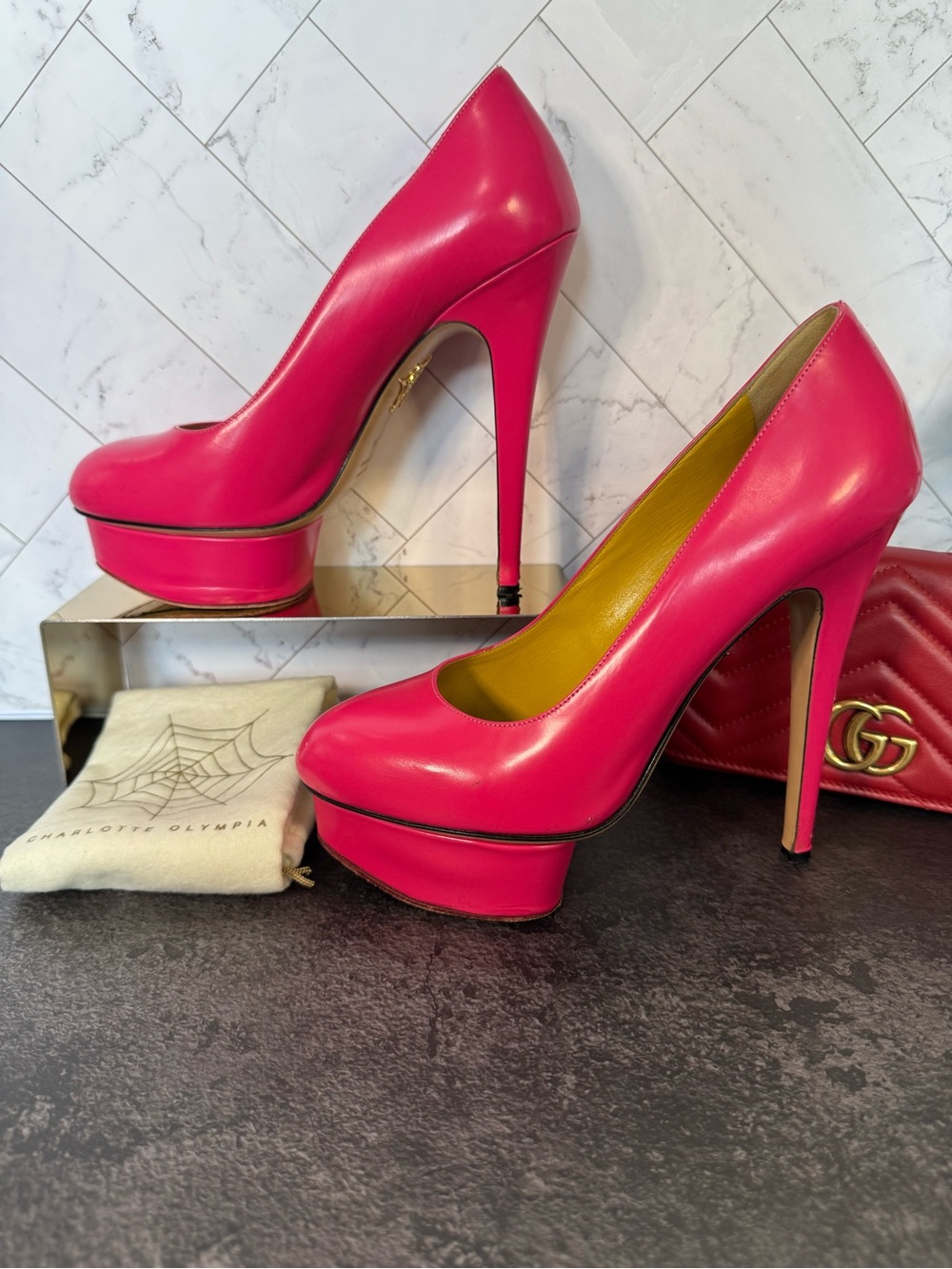 Charlotte Olympia HOT PINK Dolly Platform Pumps Heels, Size 38.5